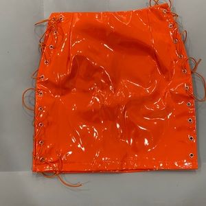 Neon Orange Vinyl Lace Up Side Mini Skirt